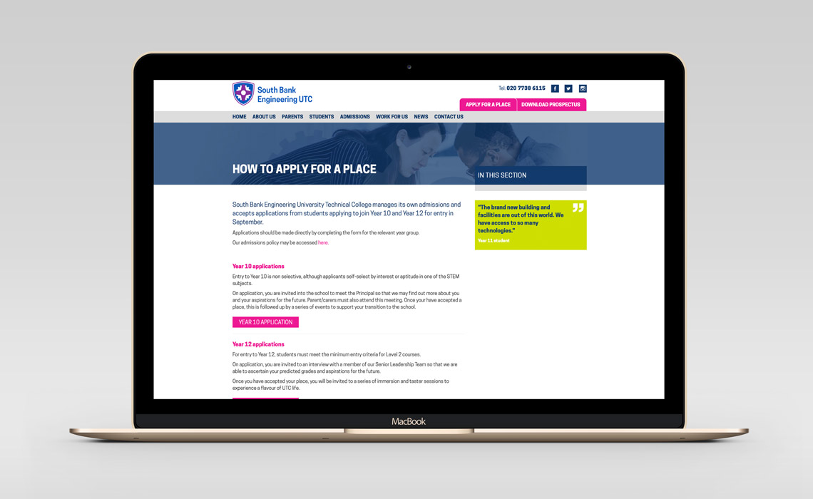 South Bank Engineering UTC an example of a school or multi academy trust website designed and built by Communitas PR